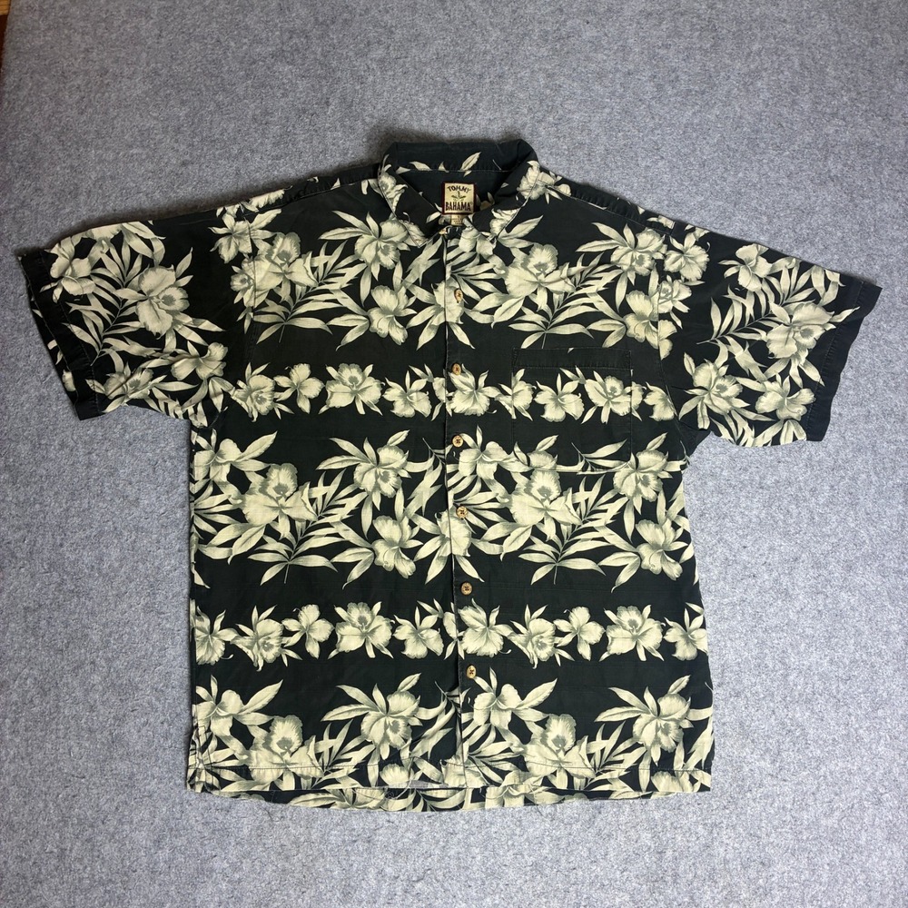 Tommy Bahama Shirt Mens Large Black 100% Silk Floral Orchid Camp Button Up